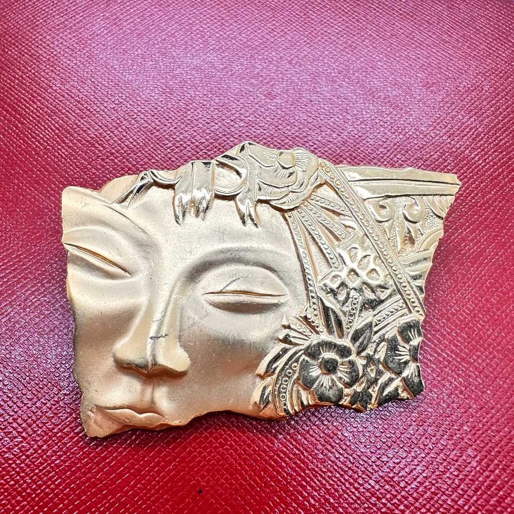 Vintage JJ Jonette Jewelry Polynesian Goddess Face Ornate Modernist Brooch